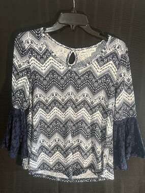 Stem & Vine Navy and Cream Chevron Pattern Blouse with Lace Bell Sleeves